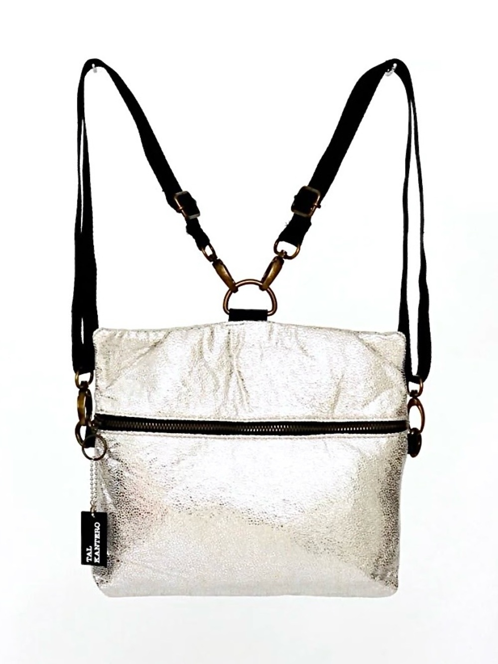 Kantero White Silver Glitter Backpack and Crossbody Bag with Black Straps NWOT